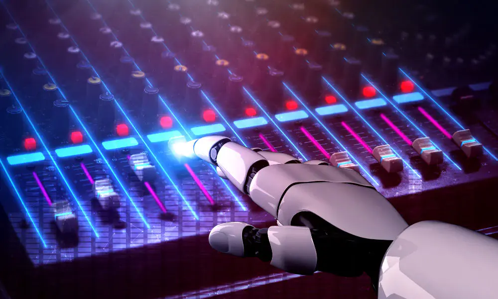 Abstract illustration of AI algorithms creating music, symbolizing innovation and new possibilities for the future of creativity India AI offers in the music industry.
