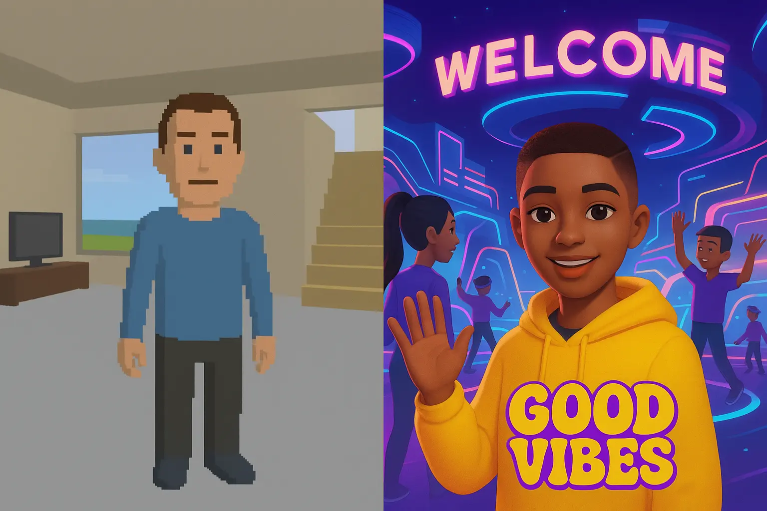A split image contrasting early, 'cringey' metaverse graphics with potential AI-enhanced immersive virtual experiences for Indian Gen Z, illustrating the future of creativity India AI offers.