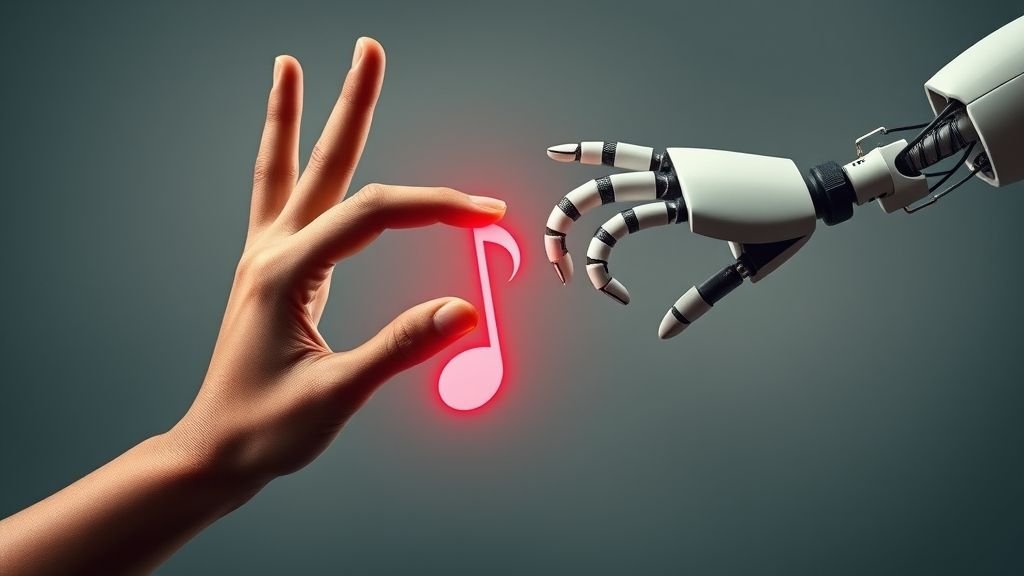 A visual metaphor representing the debate around AI music ethics: a human hand and a robot hand pulling on a musical note, symbolizing authenticity vs. algorithm in Indian youth AI content creation.