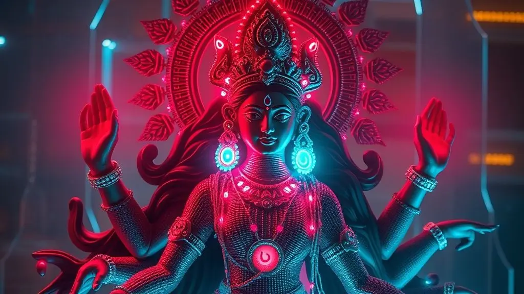 Vibrant AI-generated art showing a fusion of traditional Indian deity imagery with futuristic, neon-lit cyberpunk elements, showcasing generative AI for Indian creators.