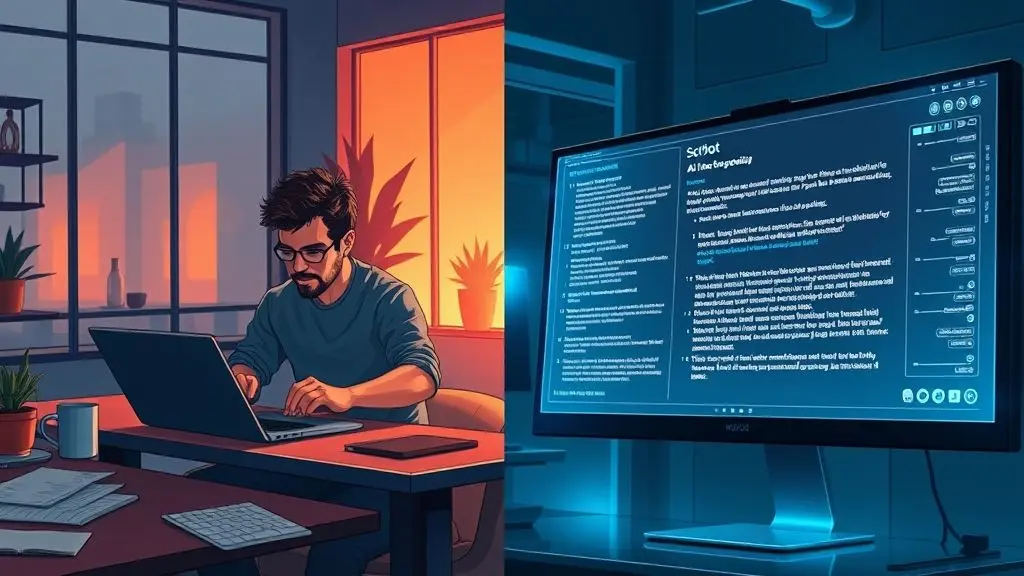 A split image showing an Indian youth AI content creator typing, with AI-generated text appearing on the other side, symbolizing AI assistance in content writing.