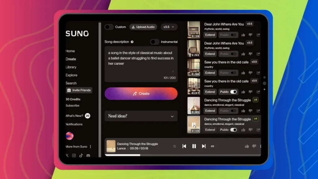 Suno AI interface showing a generated song with waveform and lyrics