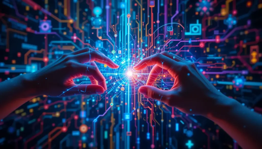 A vibrant, abstract image depicting human hands interacting with glowing lines of code and artistic elements, symbolizing AI and human creative collaboration